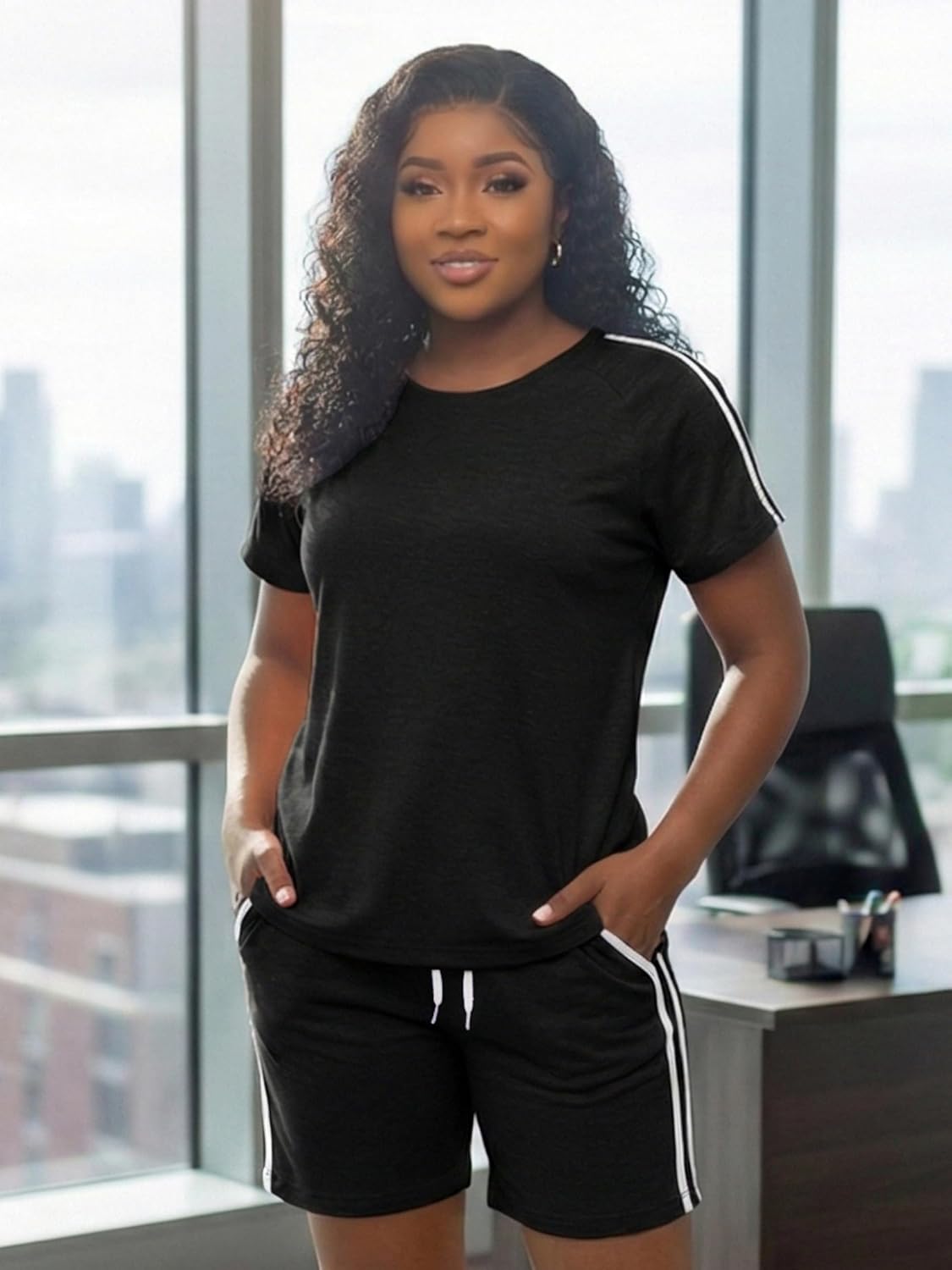 Womens Summer 2 Piece Outfits Lounge Short Sleeve Round Neck Tops and Shorts Set - Image 2