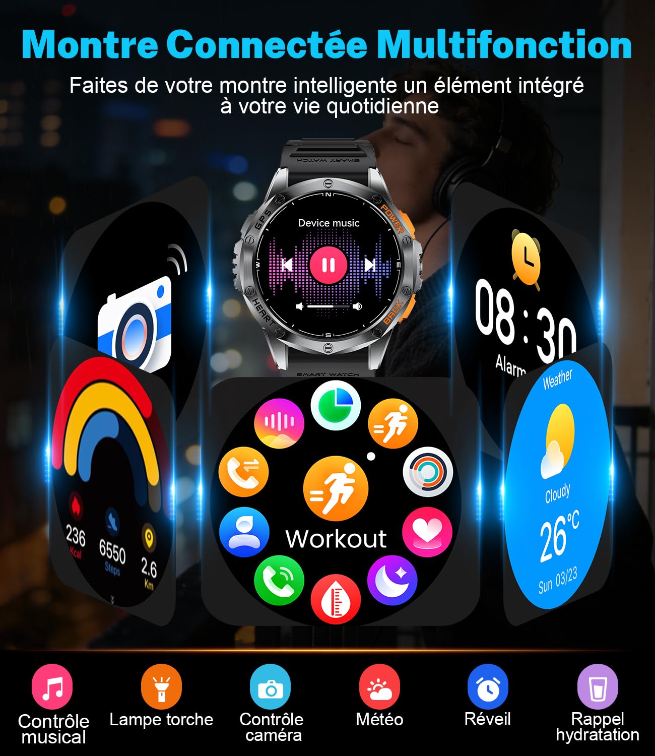 LIGE Montre Connectée Homme GPS avec Boussole/Baromètre, Lampe Torche, Écran AMOLED 1,43", Batterie 600mAh, 5ATM, Appels Bluetooth, Suivi Santé pour Android et iOS, DM1-I