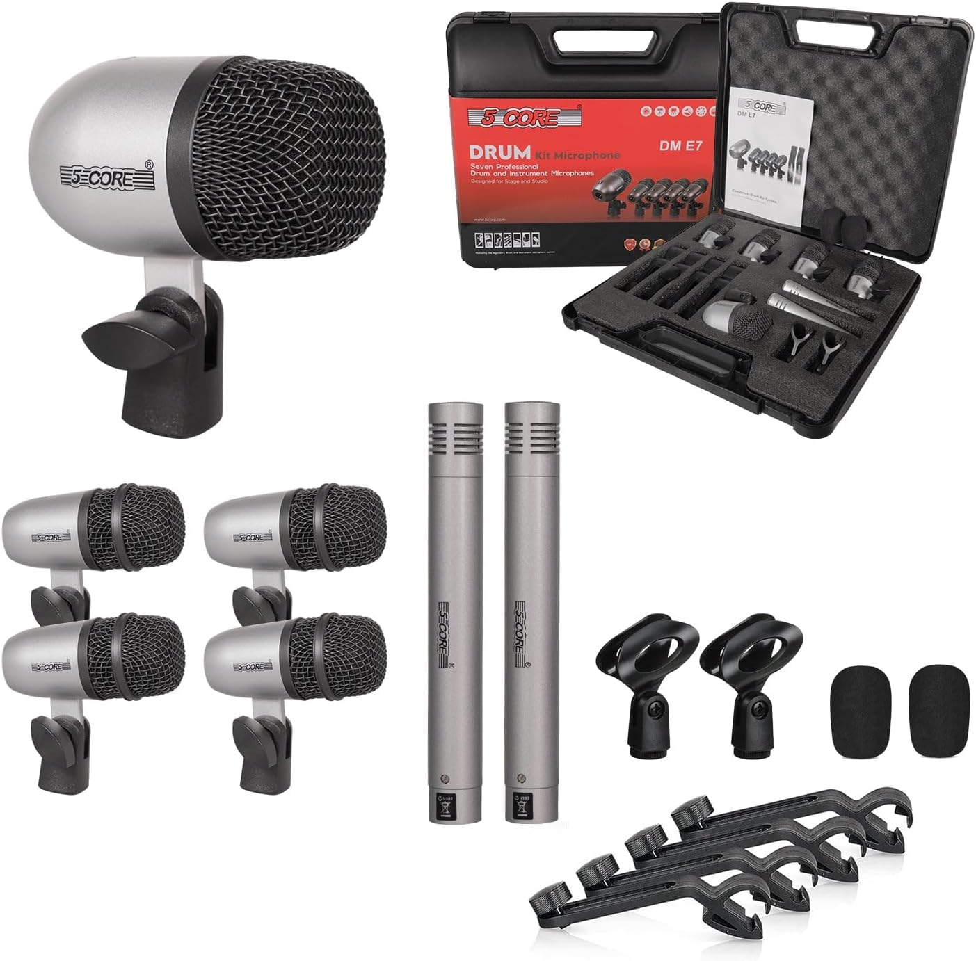 5 CORE Drum Microphone Kit 7 Piece All Metal Drummer Mics Tom/Snare & Cymbals Professional Wired Instrument Drums Set Microfonos Silver - DM E7 SLV
