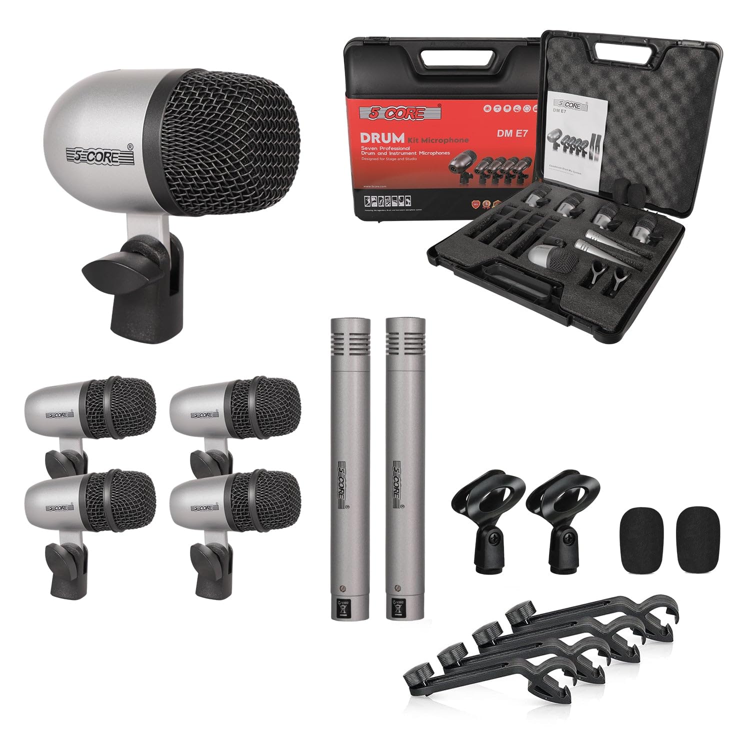 5 CORE Drum Mic Kit 7 Piece All Metal Drummer Microphone Set Silver