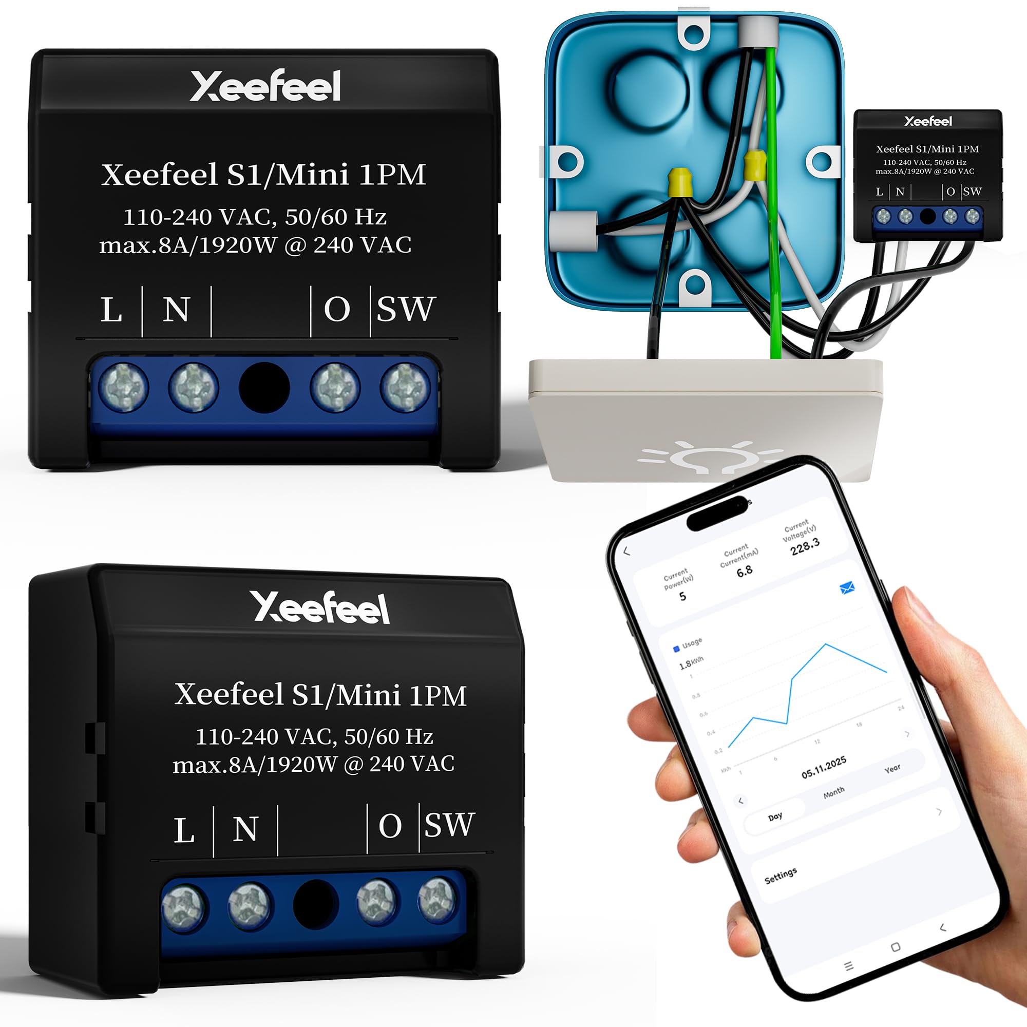 Mini interrupteur relais intelligent Wi-Fi & compteurs électriques intelligents (T3-MINI1PM, Lot de 2)