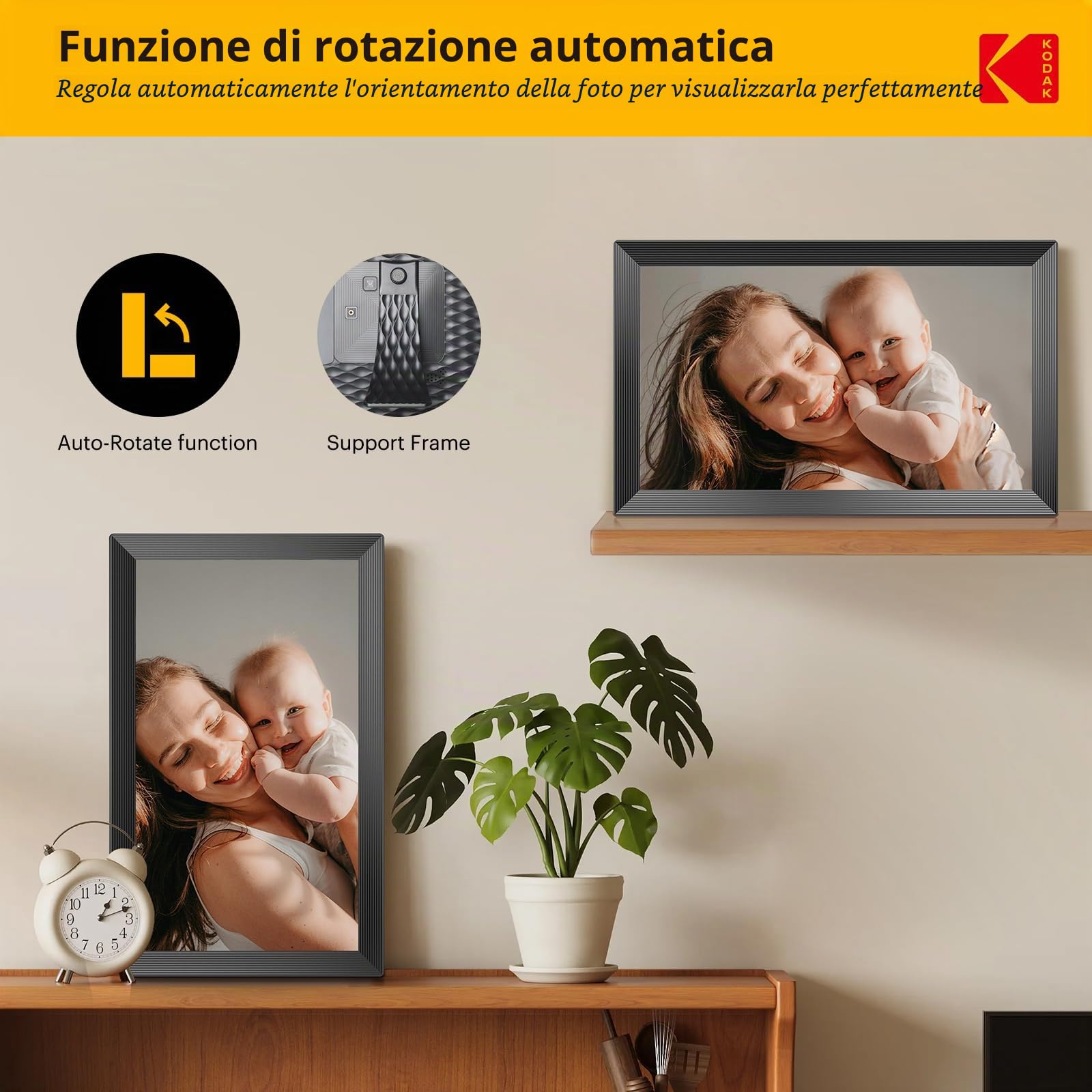 KODAK Cornice digitale Wi-Fi 15.6 pollici, HD IPS Touch Screen Cornice elettronica con 32 GB di memoria, rotazione automatica delle immagini, condivisione di foto o video ovunque tramite app, nero