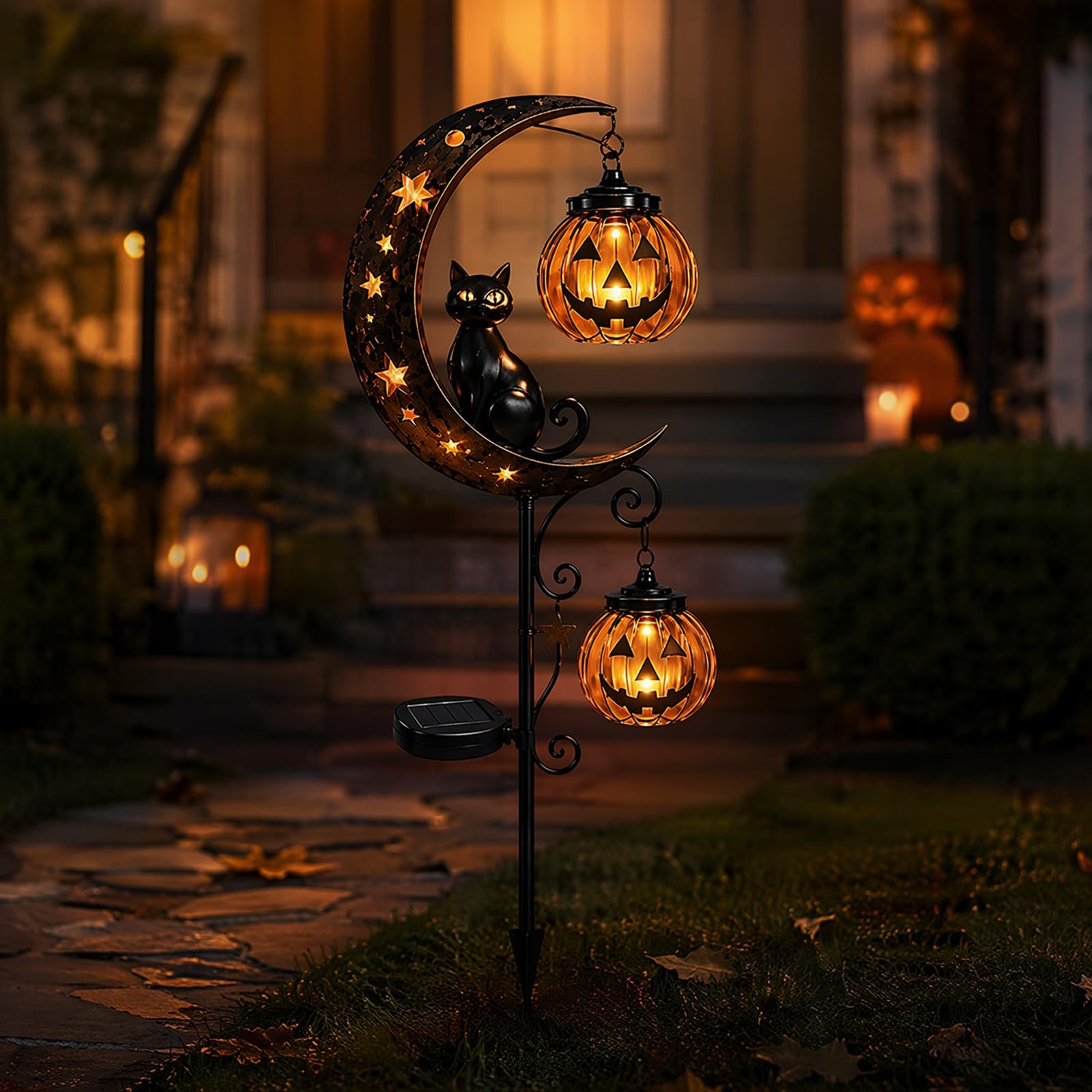 Solar Halloween Stake Light, Black Cat Pumpkin Moon Crackle Glass LED