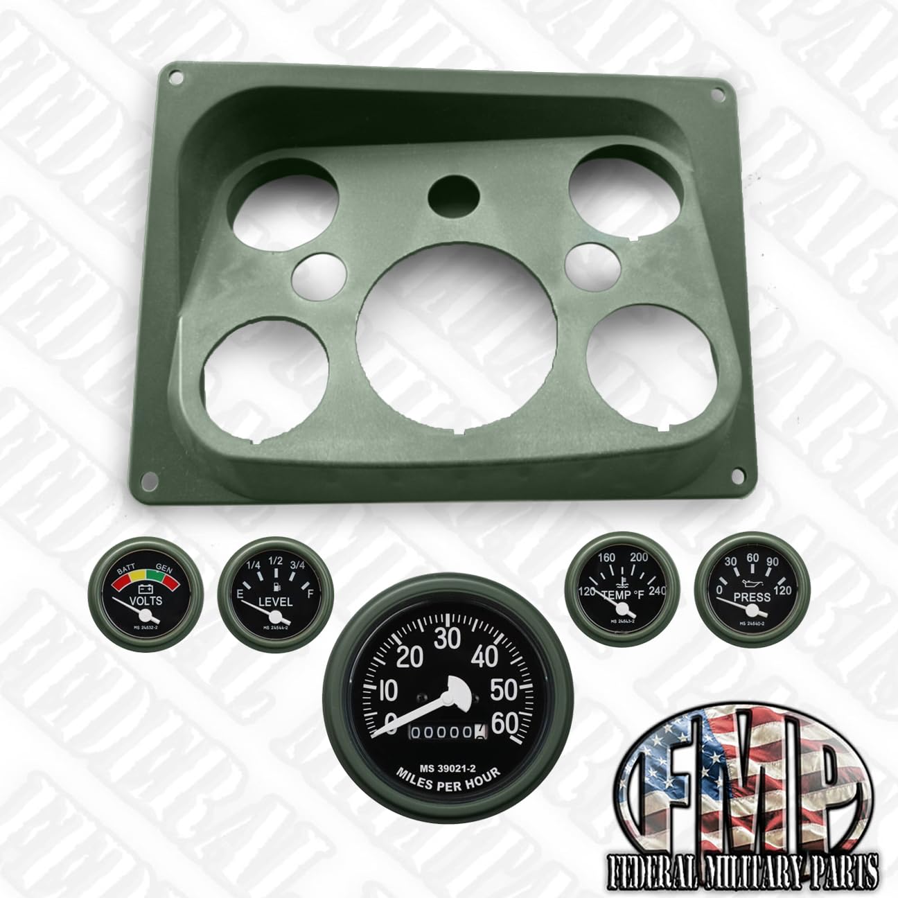 Instrument Panel + Set of 5 Dashboard Gauges, Speedometer, Fuel, Water, Pressure, Battery Voltage Gauge- Compatible with Humvee- Green, Black, or Tan (383 Green)