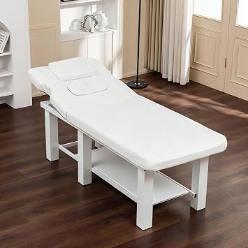 Stationary Massage Table SPA Bed, Heavy Duty Professional Physical Therapy Wide Tables with Bottom Storage and PU Leather Top, Adjustable Backrest & Detachable Headrest, White