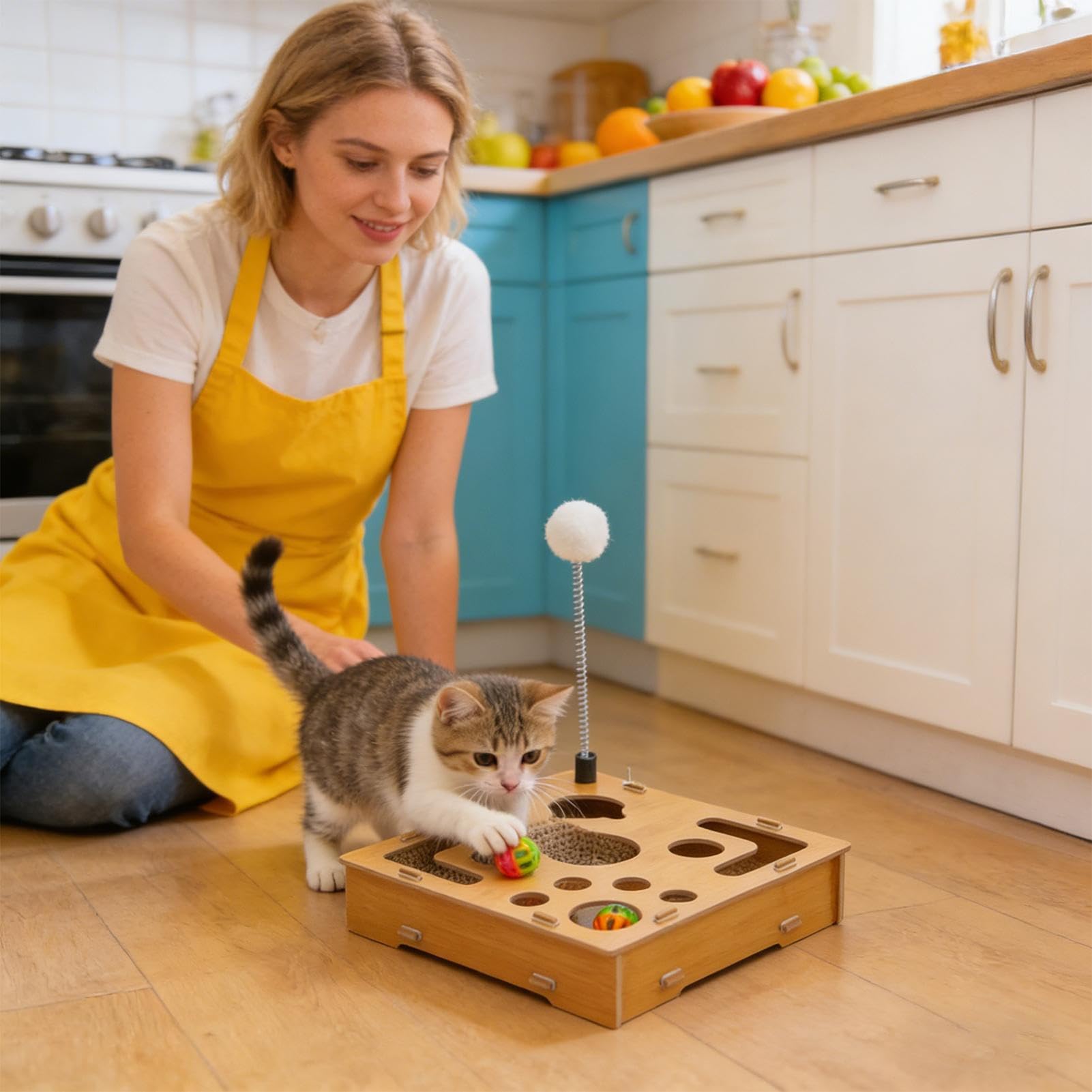 Scatola Tiragraffi Con Per Unghie Gatti | Tavola Di Arricchimento In Legno | Scatola Unghie per Gatti con Pallina Sonaglio - Adatto a Cuccioli Conigli Gioco in Casa Cane e