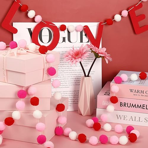 Miniatura 4 de Whaline 3 unidades de pancarta de fieltro para el día de San Valentín, pancarta con pompones de corazón, rojo, blanco, rosa, guirnalda decorativa