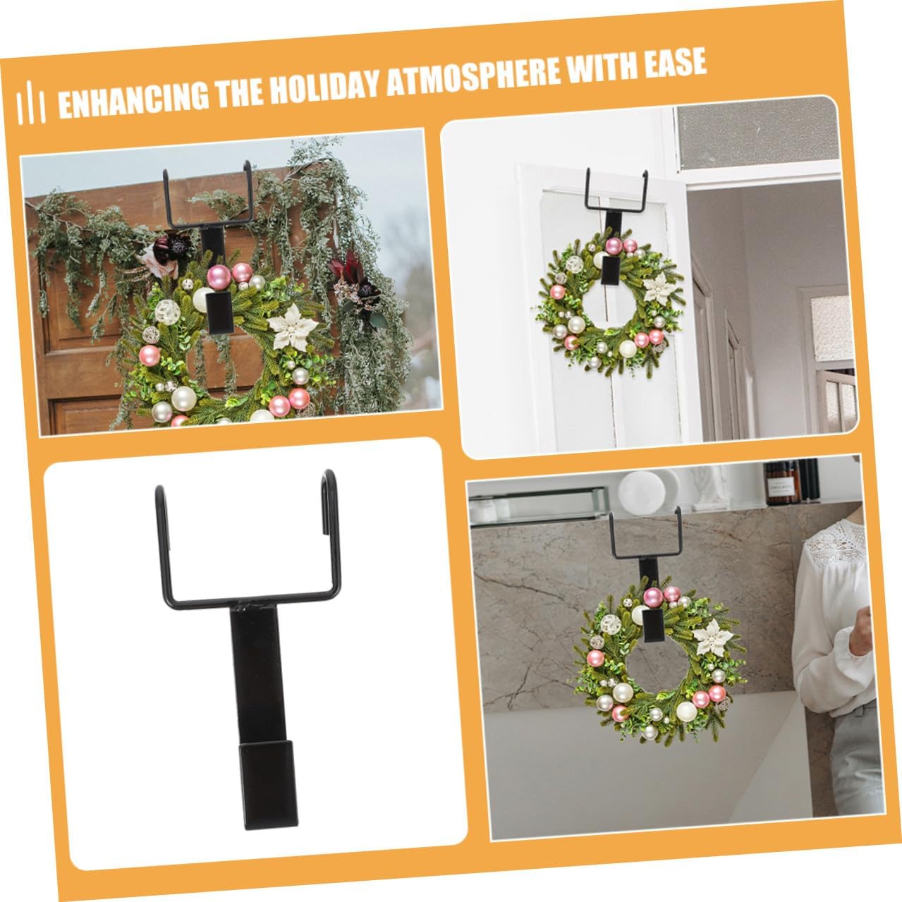 4pcs Black Over The Door Wreath Hangers Double Hook Wrought Iron Door Garland Hangers for Front and Glass Seasonal Holiday Decoration