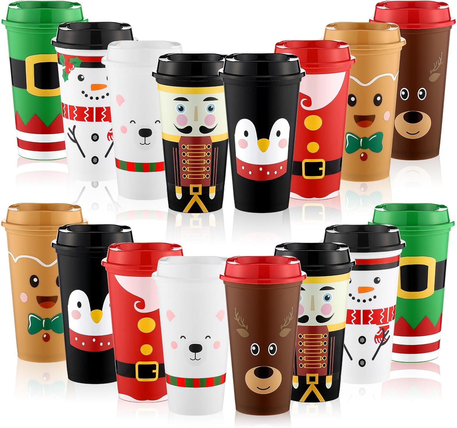 16 Pcs Christmas Reusable Coffee Cups 16 oz Tumbler with Lids Christmas Coffee Mugs Santa Elk Nutcracker Snowman Gingerbread Man Bear Penguin Styles Xmas Table Decor Birthday Party Supplies
