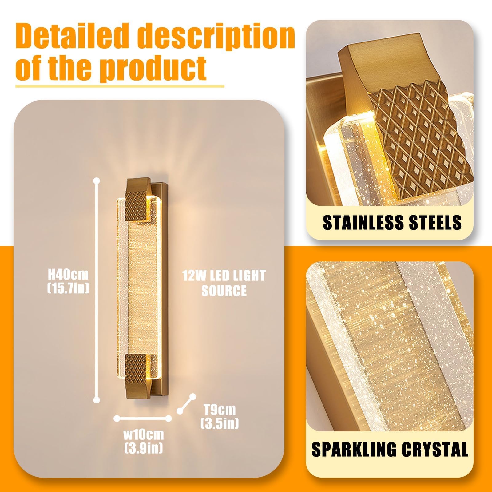 12W LED K9 Blasen-Kristall-Wandleuchte Gold Innen, 3 Farbwechsel | Edelstahlrahmen mit Flimmerfreier Stromsparender Integrierter LED, Luxuriöse Kristall-Wandlampe für Wohnzimmer, Schlafzimmer
