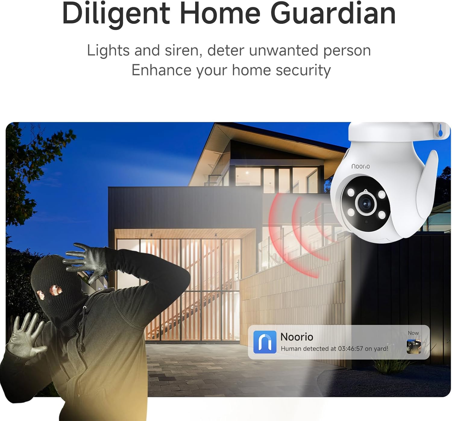 Noorio camera deterring an intruder with lights and siren