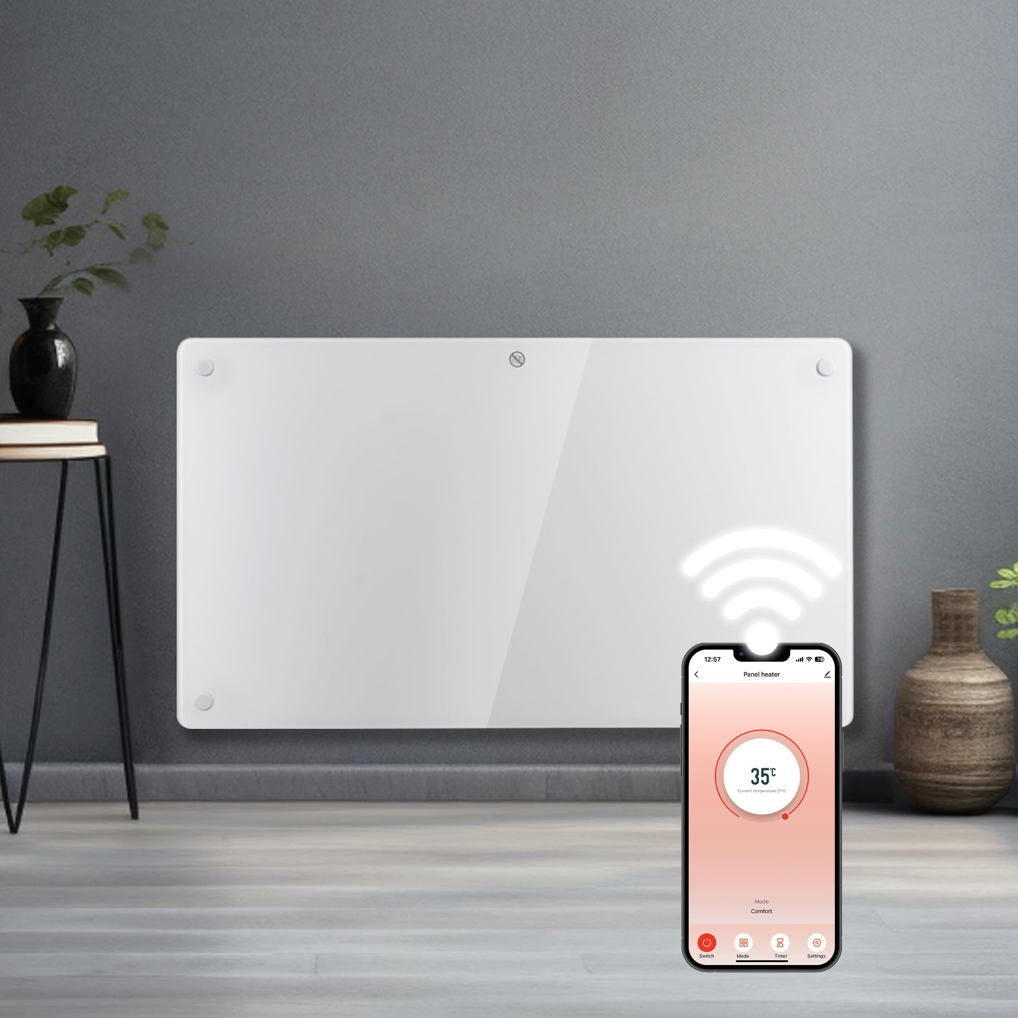 Futura 1500W White Glass Electric Panel Heater - Wifi Wall Mounted - Energy Saving - IP24 Bathroom Safe