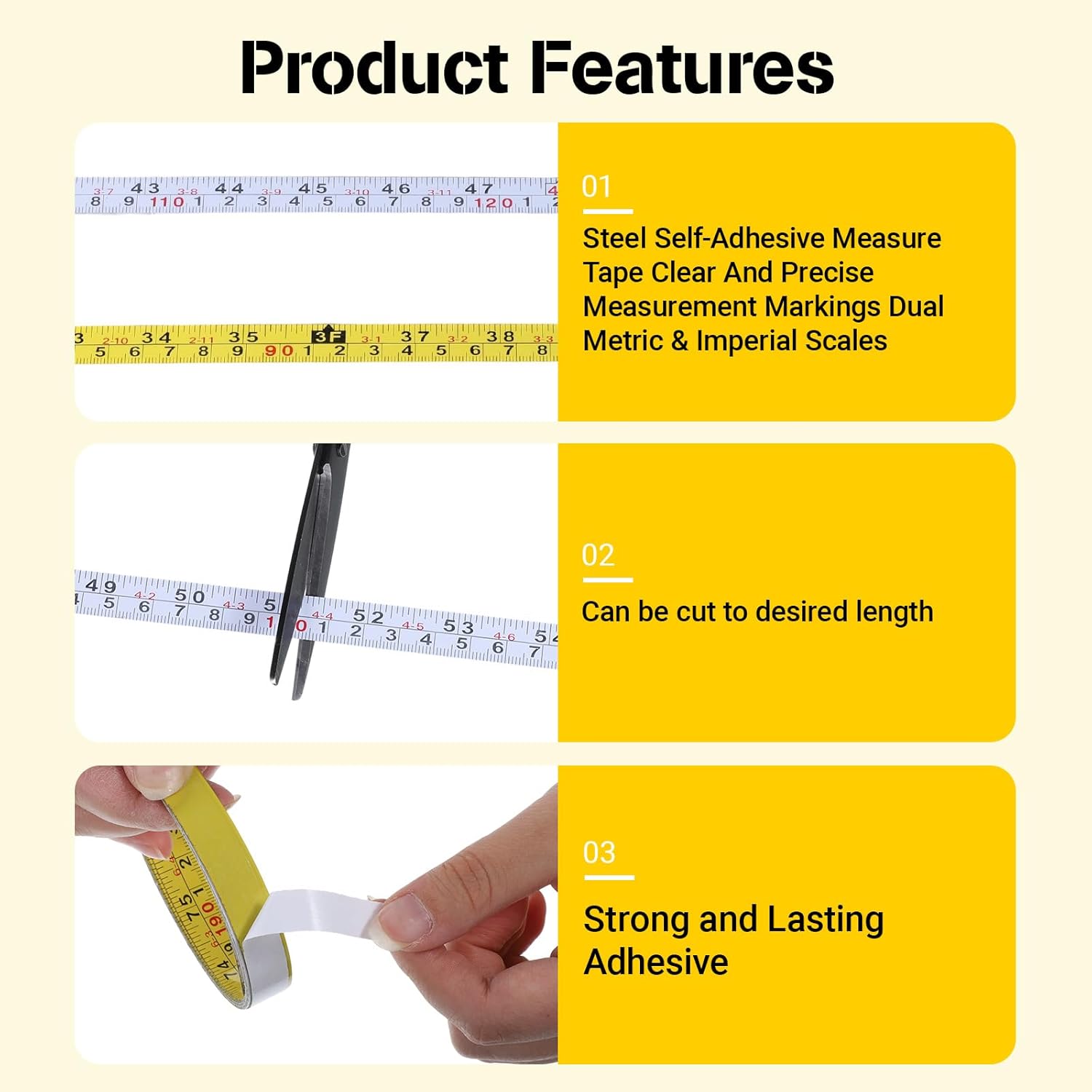 2 Pcs Imperial & Metric Tape Measure Sticker Ruler 1/2-Inch Steel Self-Adhesive Measuring Tape 78 Inches/200cm Left-Right Reading Ruler Tapes for Woodworking, Saw, Drafting Table（White+Yellow）