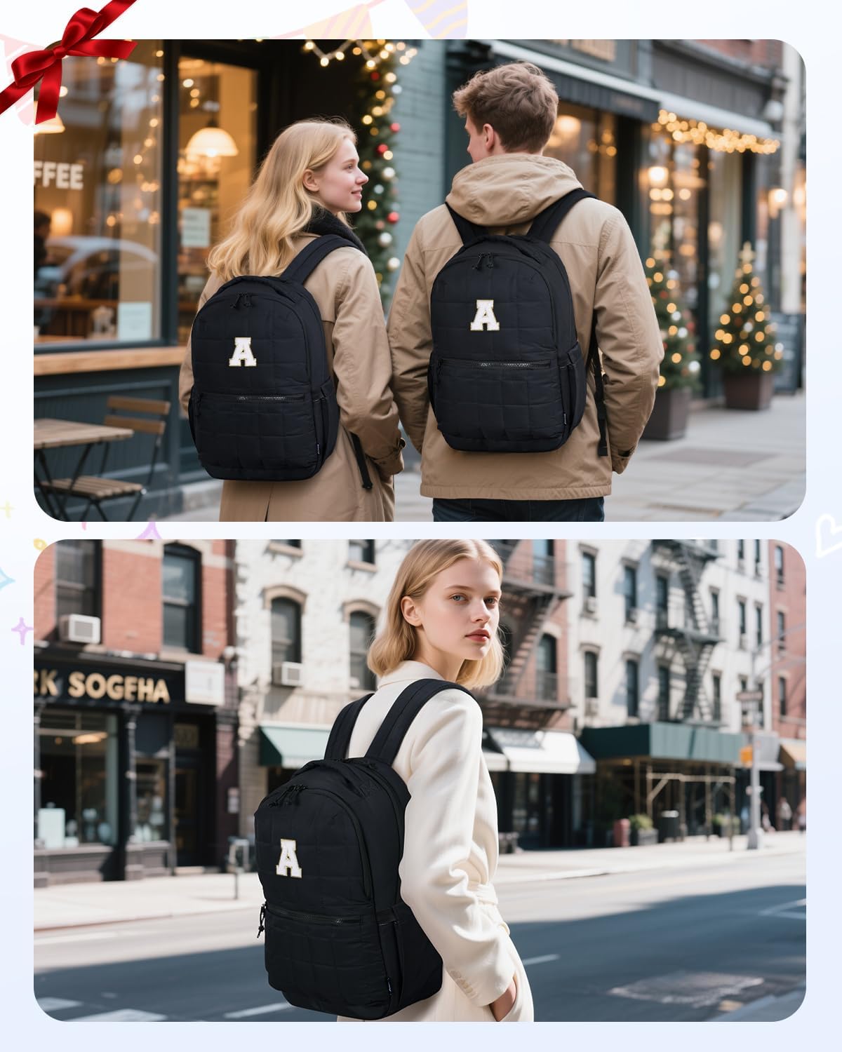 WANDF Initial Laptop Backpack for Women, Quilted Puffer 14 Inch College Backpack, Personalized Water-Resistant Travel Backpack Daypack (Black A)