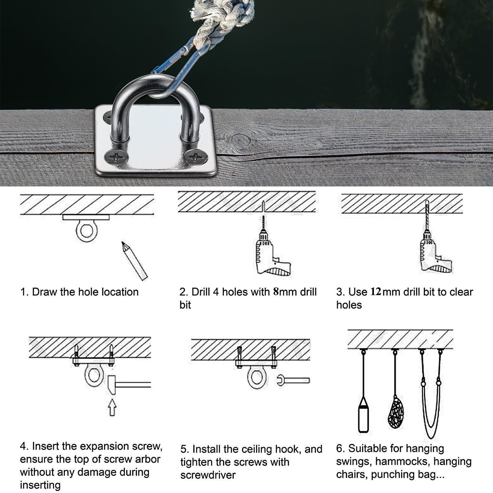 Zhujiehigh 4 Pcs M6 Square Pad Eye Plate, Stainless Steel Ceiling Hooks, Metal Suspension U Hooks - Image 3