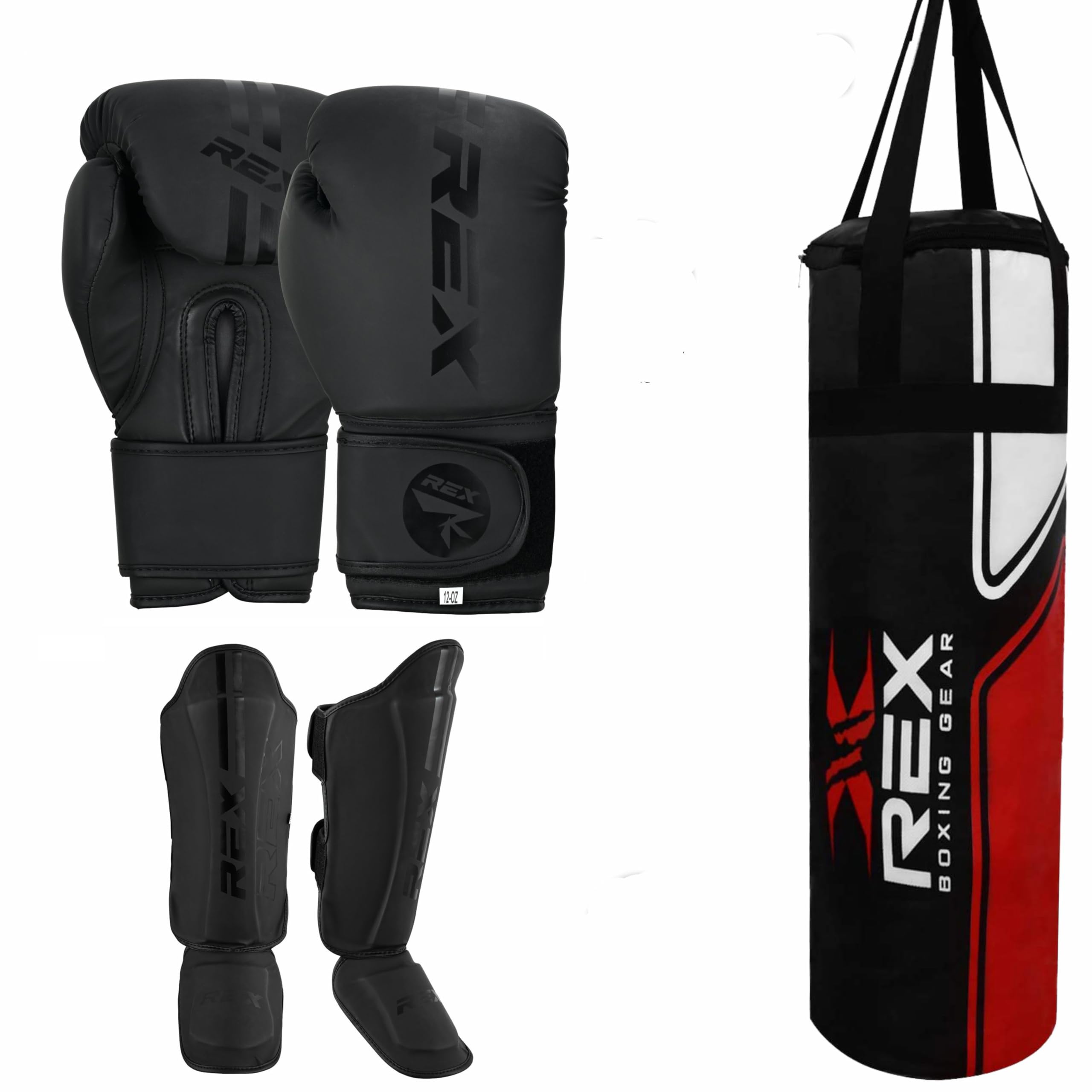 Boxing Set kids Boxing gloves with Shin Instep for Kickboxing Heavy duty punching gloves MMA fighting pads with unfilled punching bag Black (Glove Size 6 OZ, Shin Size Medium, Punching Bag 3 Feet)