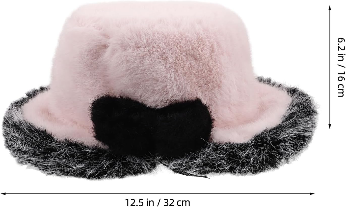 Cute Pink Plush Bucket Hat for Women Teens, Thick Warm Furry Fisherman Cap with Bow, Fashionable Outdoor Fluffy Winter Hat