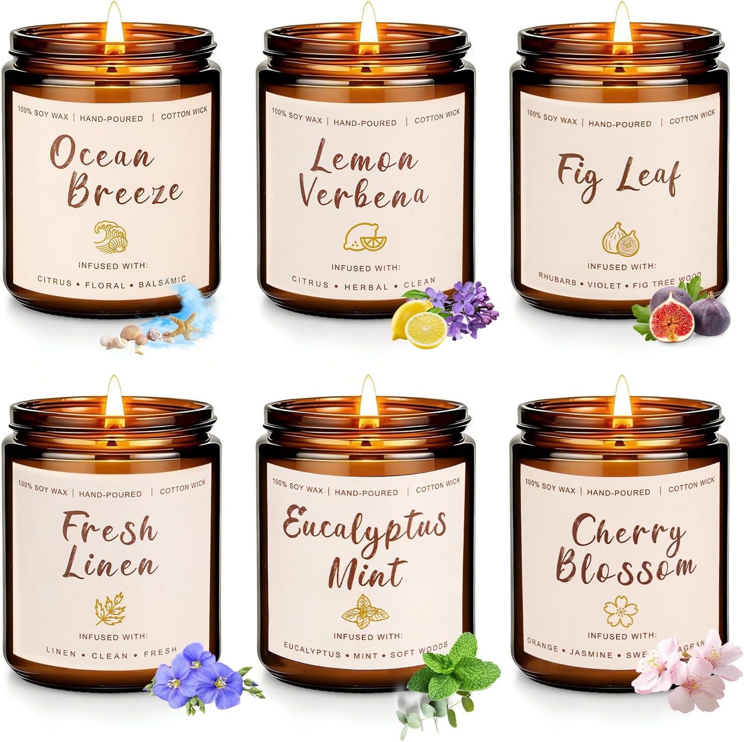 Soy Scented Candles Gift Set - 6 Pack 42oz 300 Hour Natural Soy Wax Long Lasting Candles Gift for Women Birthday Valentine, Eucalyptus Mint Fig Spring Summer Aromatherapy Candles for Home Scented