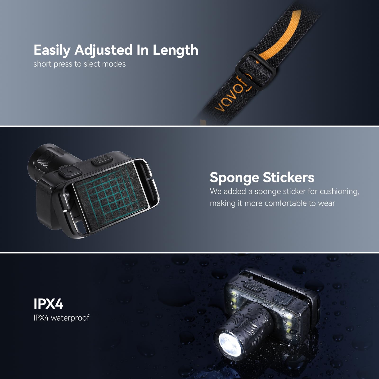 VAVOFO Lot de 2 lampes frontales à DEL, 500 lumens, rechargeables, étanches, avec lumière blanche brillante + lumière rouge, intensité variable, léger, bandeau réglable, 5 modes pour le camping