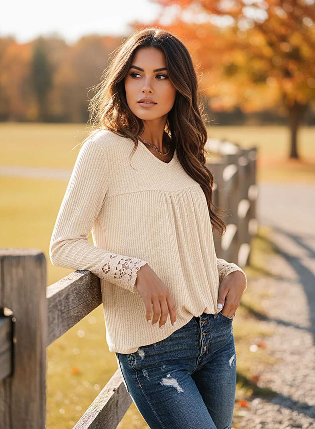 Dokotoo Women's Tops Casual V Neck Long Sleeve Waffle Knit Textured Lace Hollow Out Shirts Loose Tunic Tops Blouses - Image 2