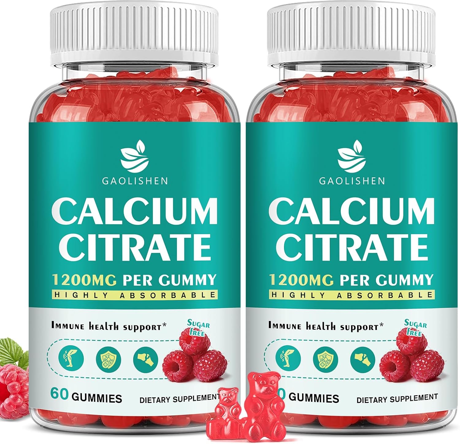Sugar Free Calcium Citrate 1200mg with Vitamin D3 Supplements Gummies, Calcium Gummies with Vitamin D3, K2 for Women & Men, Raspberry Flavor, 60 Day Supply