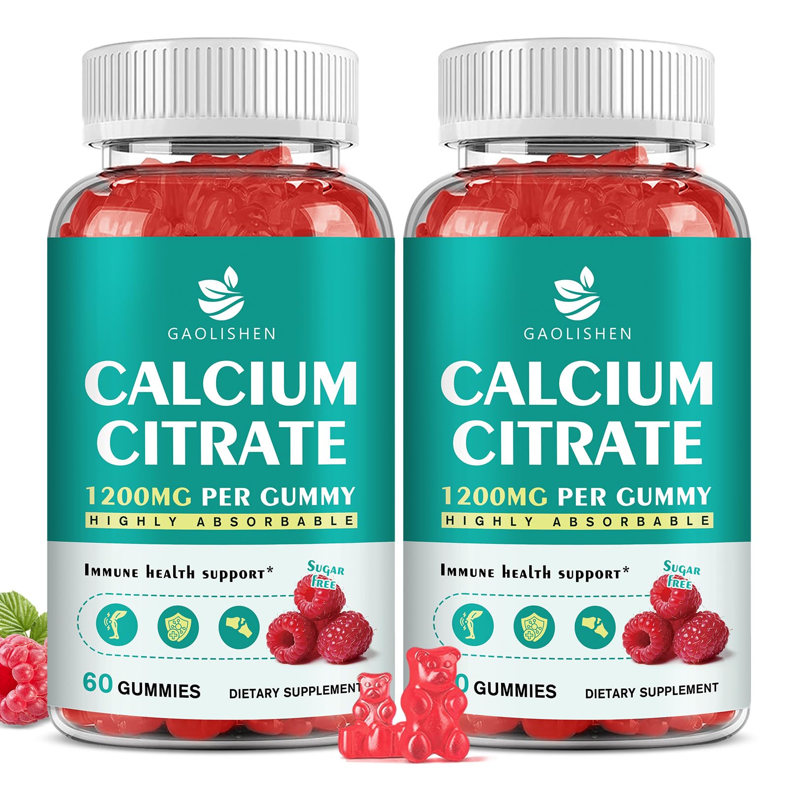 (2 Pack) Calcium Citrate 1200mg with Vitamin D3 K2 Gummies Supplement for Women & Men, High Absorption for Bone & Muscle Health, Sugar-Free, Raspberry Flavor - 60 Day Supply 60 Count (Pack of 2)