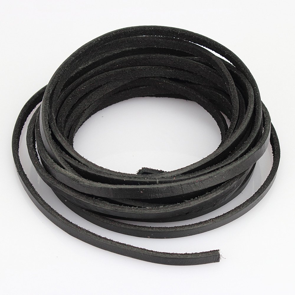LolliBeads 5mm Flat Genuine Leather Cord Braiding String Black (2 Yards)