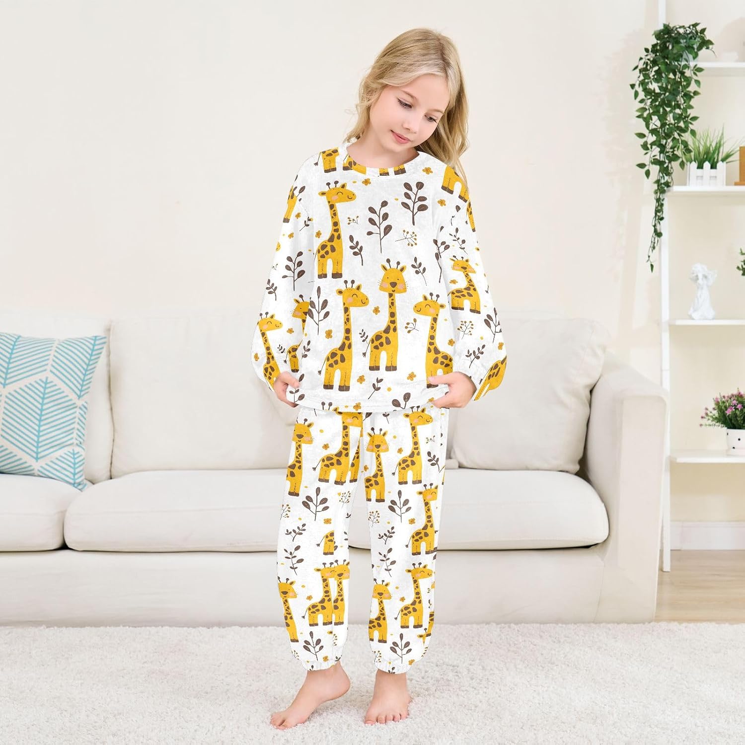 Kids Flannel Sets Giraffe Warm Plush Relaxed Clothing for Boys and Girls