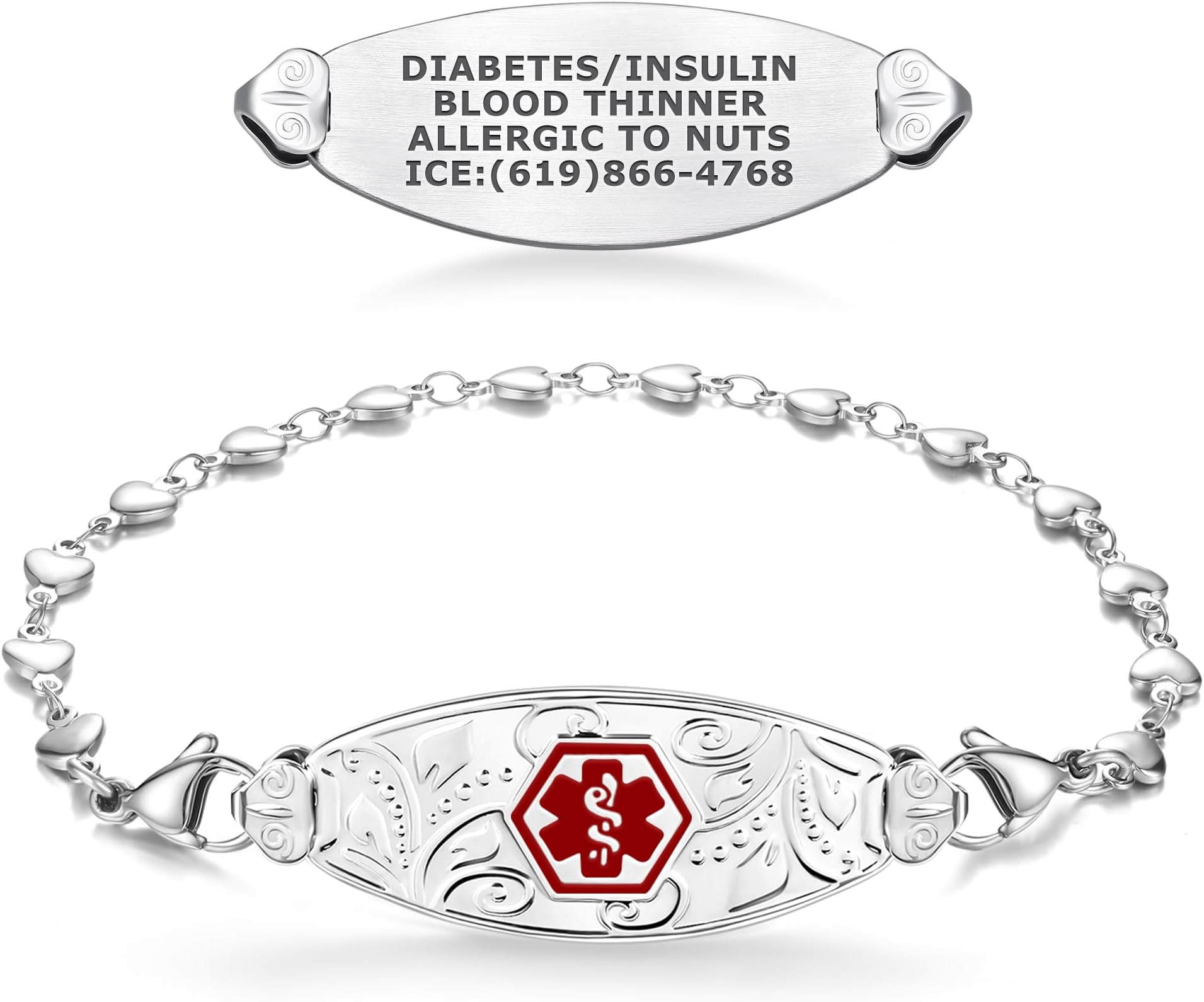 Divoti Custom Engraved Filigree Medical Alert ID Bracelets for Women, w/Heart Link – Color/Size