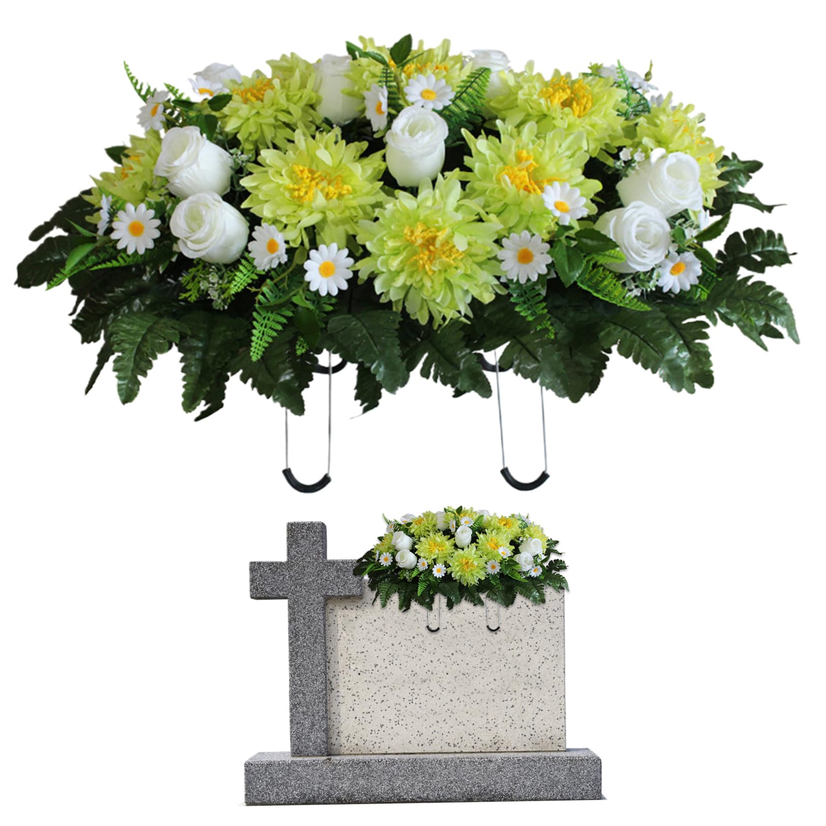 Wedhapy Grave Flowers for Cemetery Artificial Grave Flowers Realistic Cemetery with Saddle Silk Chrysanthemum 25.2x18.5in Memorial, Green