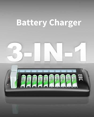 Miniatura 5 de EBL Cargador de batería LCD de 12 bahías para baterías recargables AA, AAA y 9V, estación de carga multibatería con 10 ranuras AA AAA estándar y 2