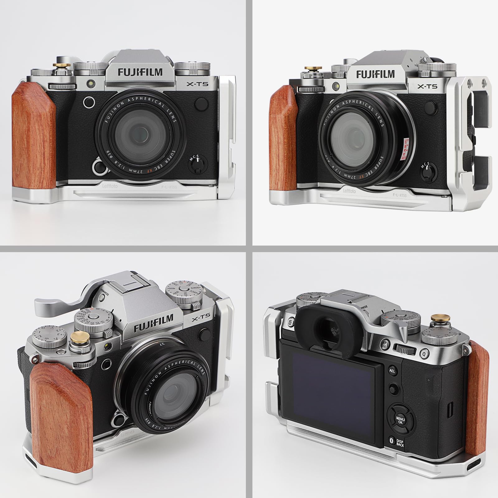 Leftfoto XT5 Maniglia a forma di L con impugnatura in legno per fotocamera Fuj XT5, con piastra a sgancio rapido Arca inferiore integrata, con pulsante di scatto in rame..