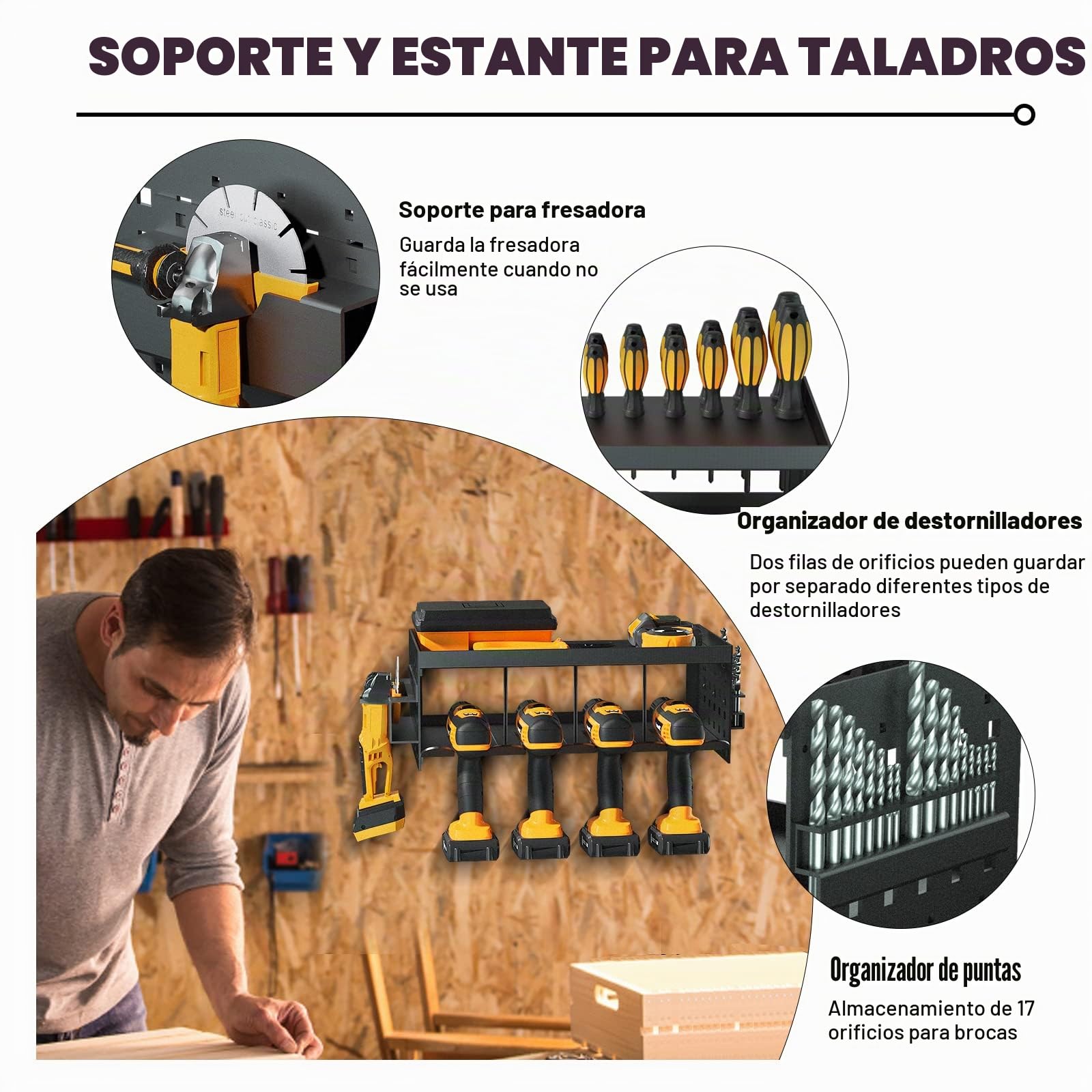Maletín para herramientas, 4 ranuras para 1 gran estantería, soporte de almacenamiento de pared extraíble para taladro eléctrico de acero resistente para sierra circular, taller, garaje, herrajes