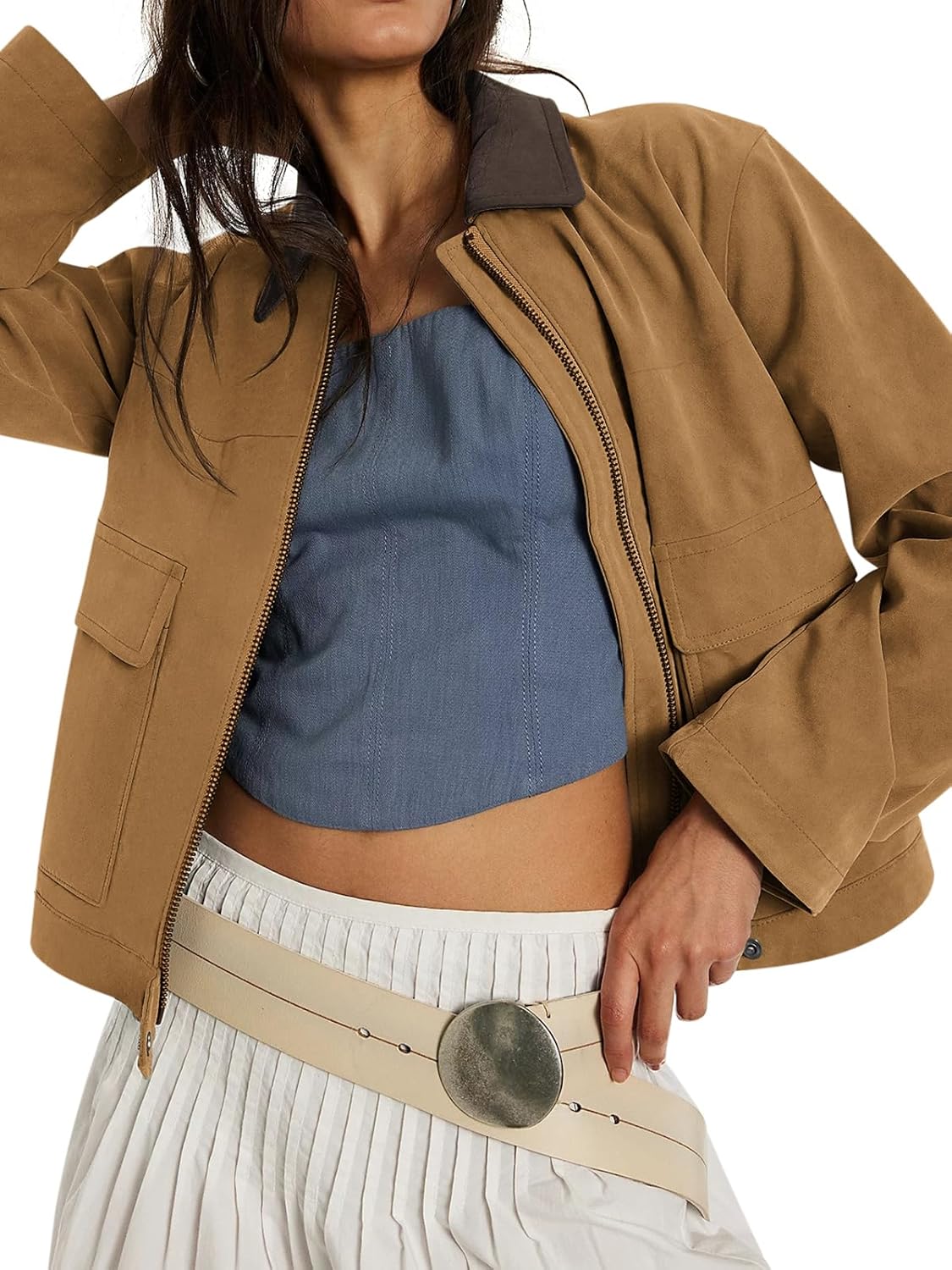 COCCKO Women's Faux Suede Cropped Jacket Casual Zip Up Jackets Contrast Collar Fleece Winter Coats Outerwear with Pockets - Image 4