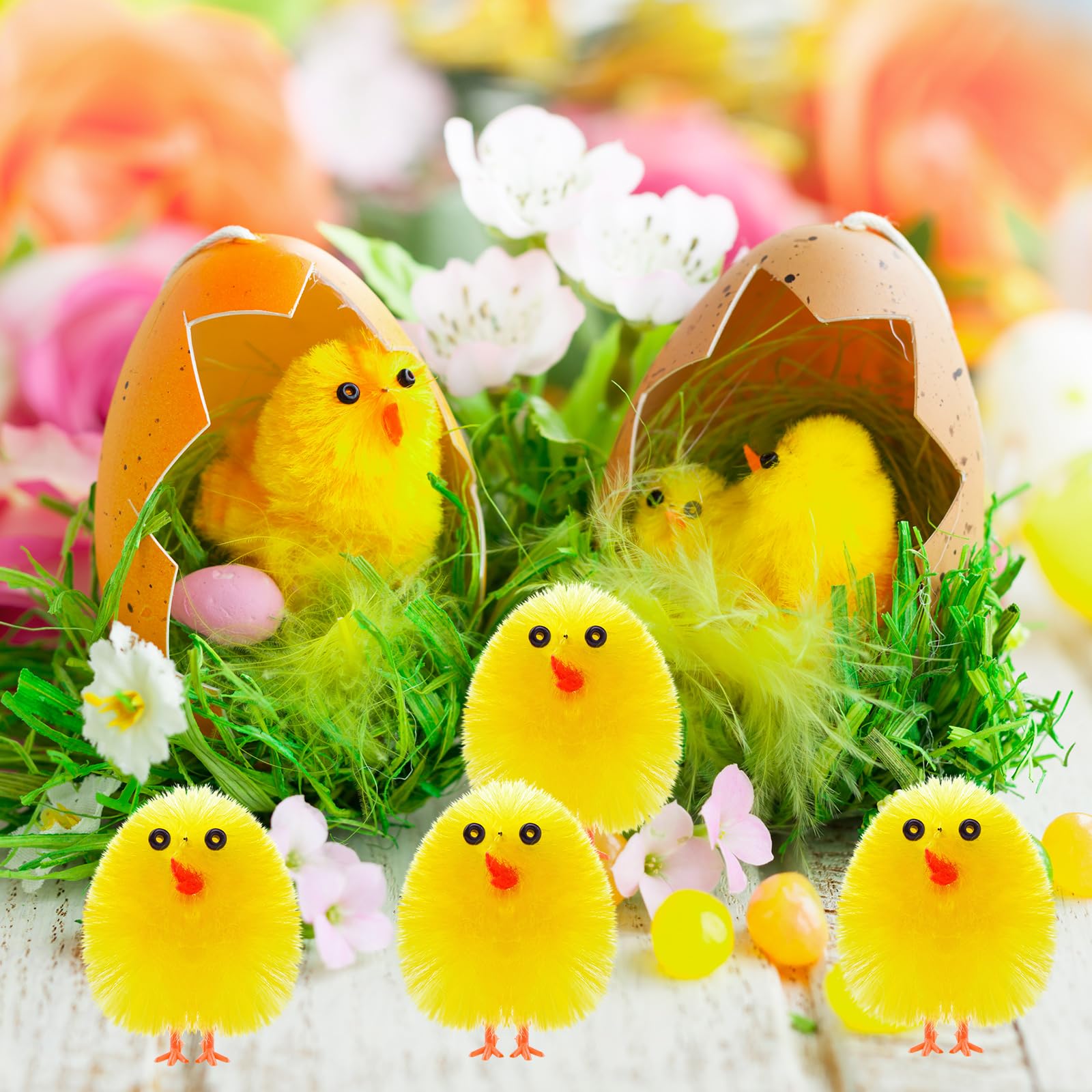 PLULON 36 Piezas Pollitos Amarillos de Pascua, Pollitos Esponjosos de Felpa para Decoración de Huevos, Fiestas de Búsqueda de Huevos y Detalles de Pascua