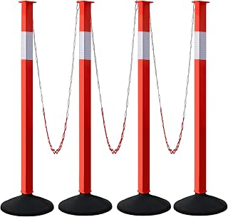 Alyoen 4-Pack Adjustable Orange Traffic Delineator Posts with Weighted Base, Reflective Collars & Plastic Chains for Parking Lots & Driveways