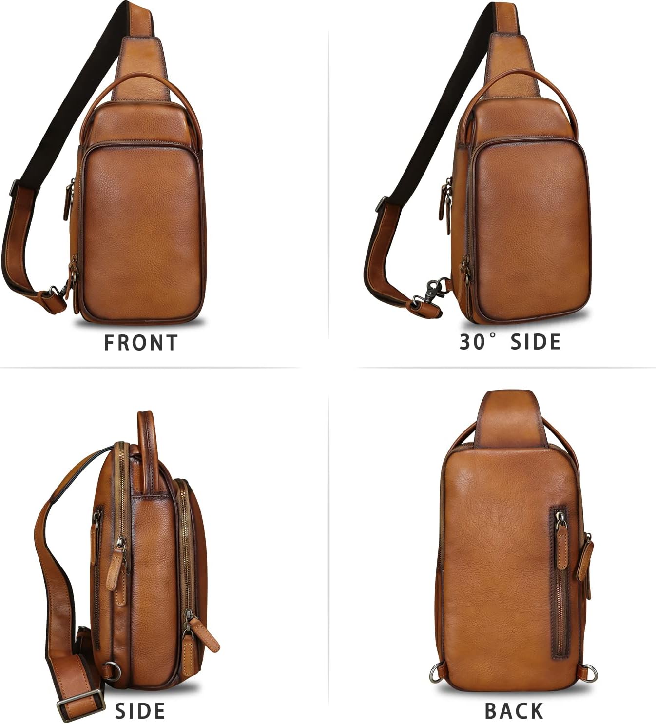 LRTO Genuine Leather Sling Bag Hiking Sling Backpacks Retro Handmade Crossbody Chest Daypack Anti-theft Shoulder Bag Purse (Brown) - Image 4