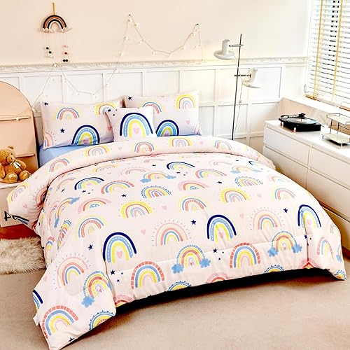 Miniatura 11 de ANGIYUIN Juego de ropa de cama de 6 piezas rosa tamaño completo en una bolsa para niñas, juego de edredón 3D de color arcoíris con ataduras, ropa