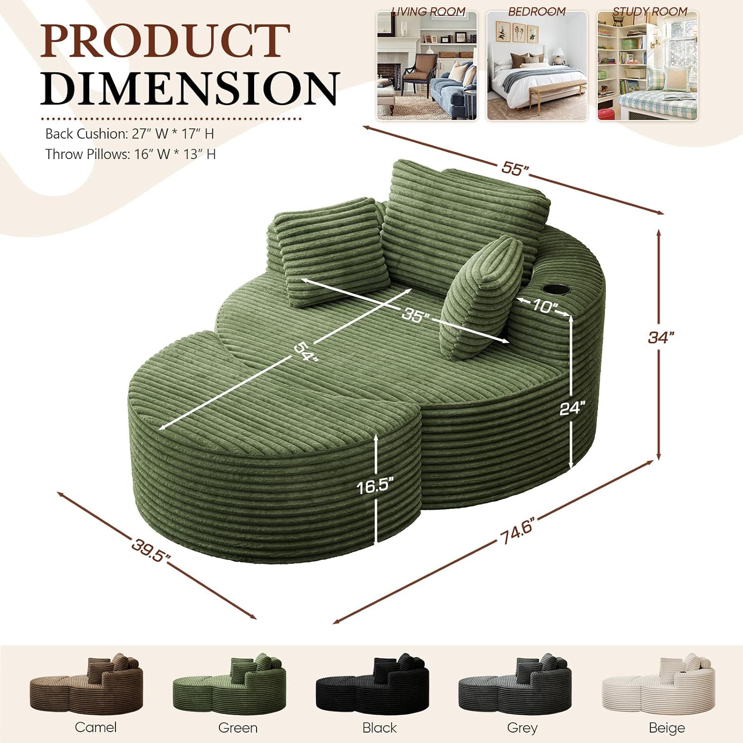 Oversized Round Chaise Longue Chair with Ottoman, Modern Corduroy Deep Seat Circle Single Cloud Boneless Floor Accent Chair w/Cup Holders for Living Room, Bedroom Apartment, 55" W * 74.6" D, Green