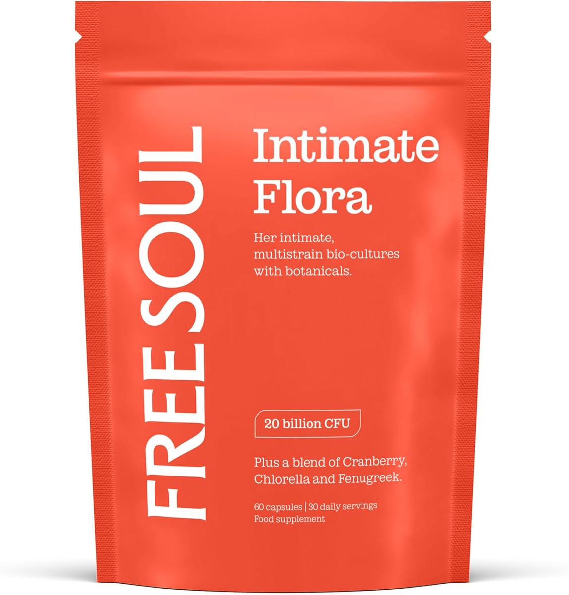 Intimate Flora Probiotics for Women | 20 Billion CFU Fortified with 15,000mg Cranberry, Fenugreek & Chlorella | Bio Cultures for Women's Intimate Flora | 60 Capsules | Free Soul
