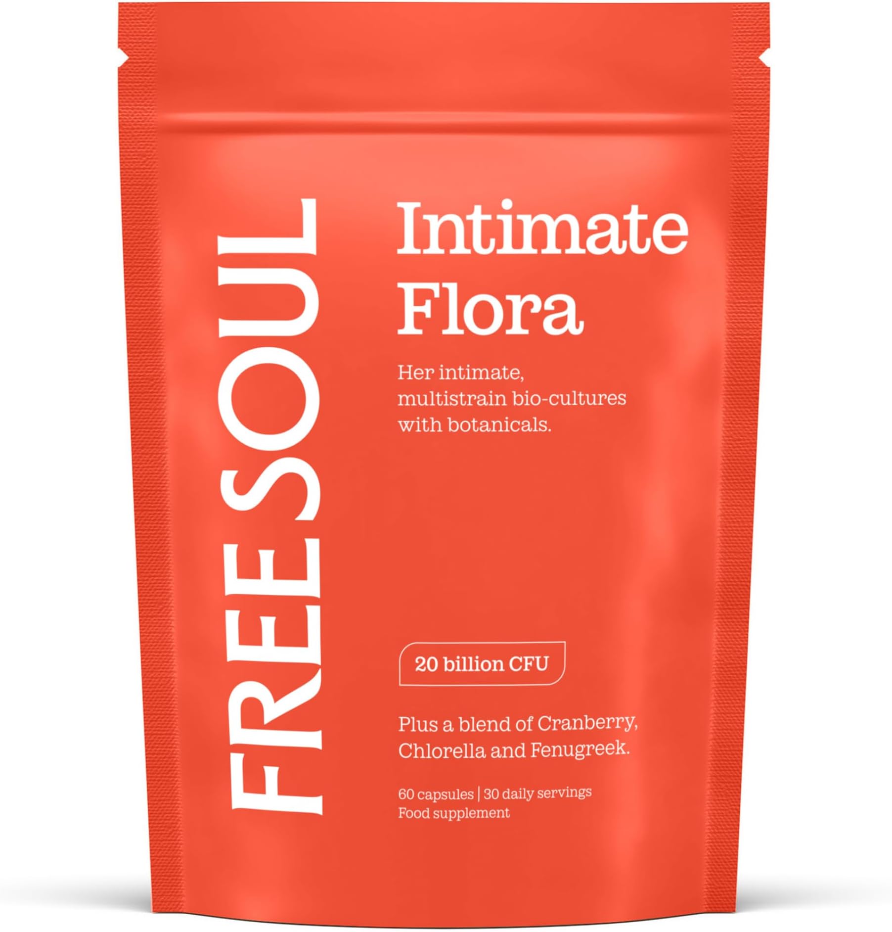 Intimate Flora Probiotics for Women | 20 Billion CFU Fortified with 15,000mg Cranberry, Fenugreek & Chlorella | Bio Cultures for Women's Intimate Flora | 60 Capsules | Free Soul