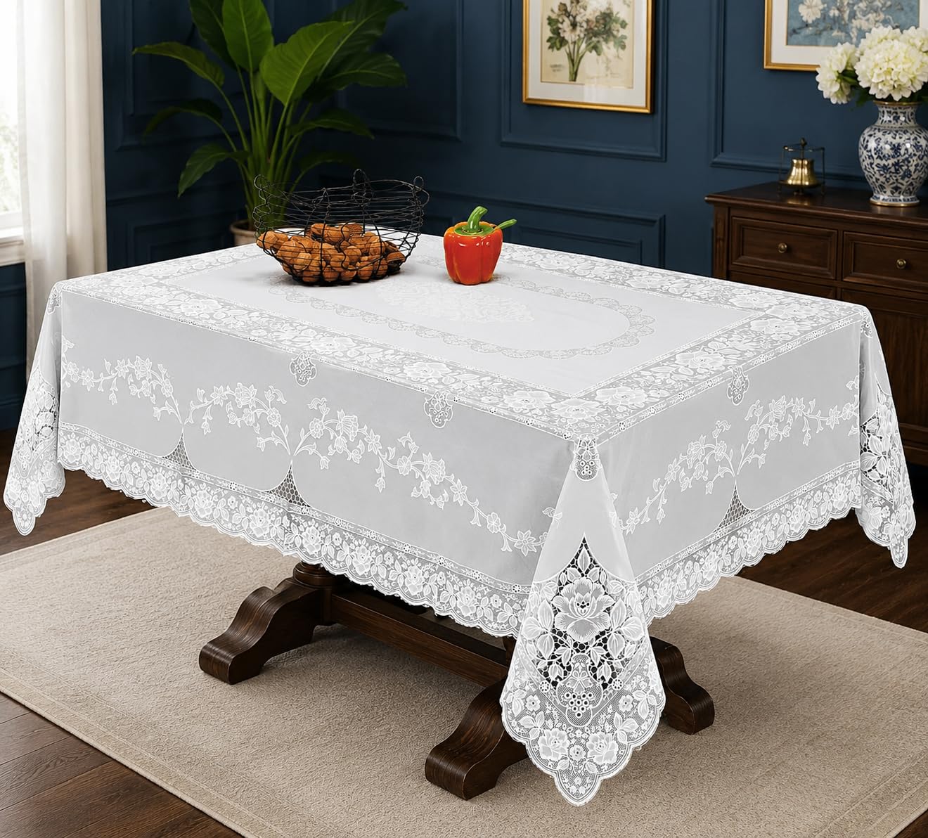 Violet Linen Vinyl Lace Betenburg Design Tablecloth White 60" by 104" Oblong/Rectangle