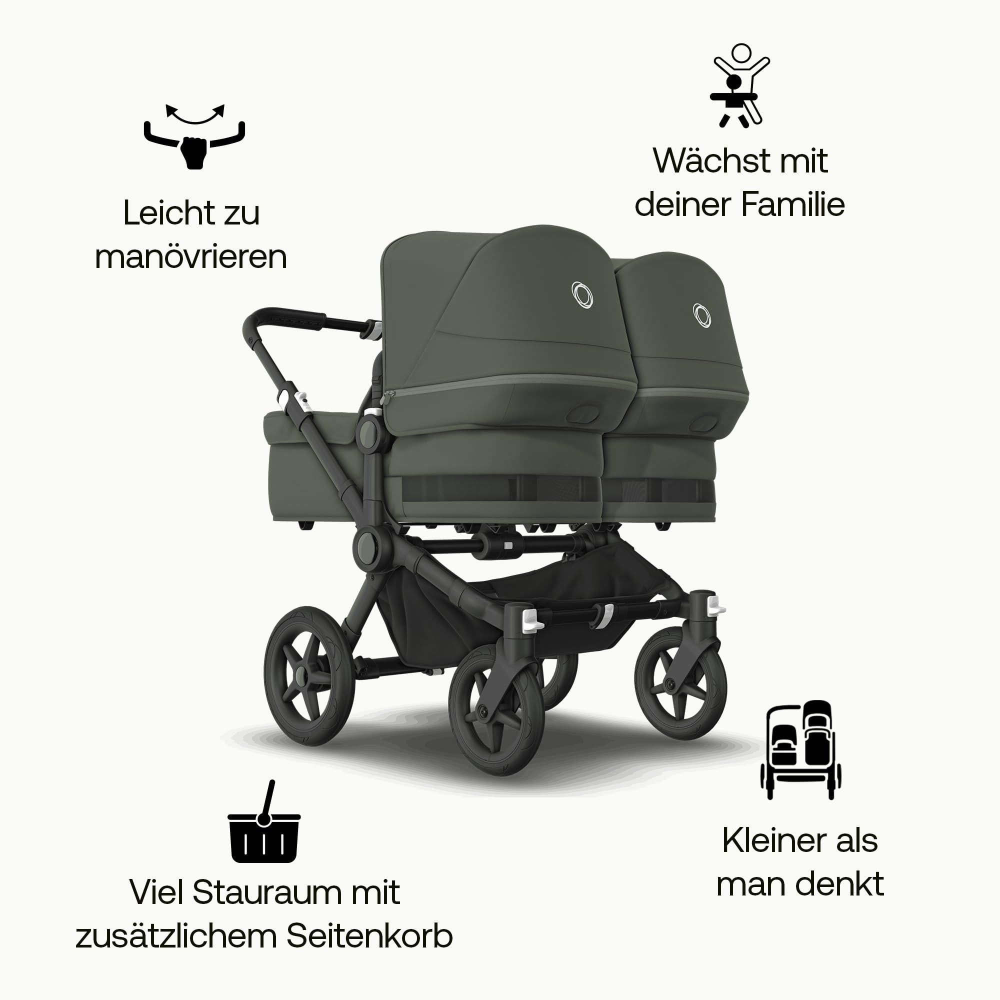 Bugaboo Donkey 5 Twin Erweiterungsset, verwandelt deinen Donkey 5 Mono in einen Zwillingskinderwagen,verbessertes Side By Side-Design, wendbarer Sitz und Ein-Hand-Steuerung, Forest Green