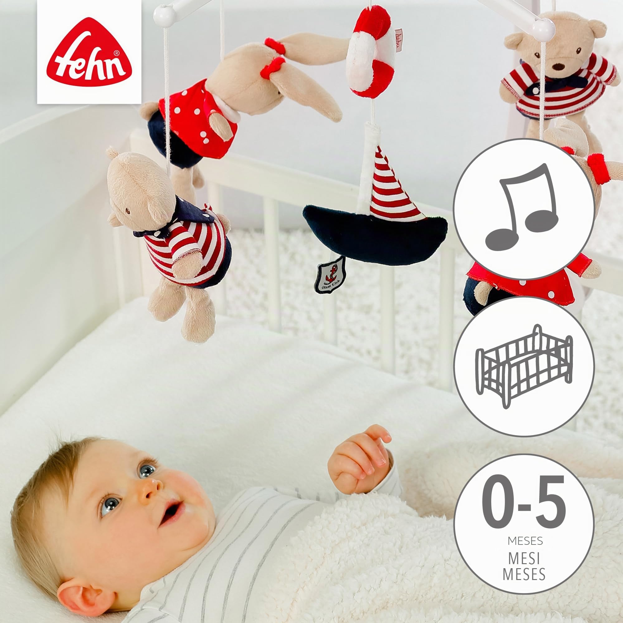 Fehn caja de música móvil Ocean Club - Juguete musical para ayudar a los bebés a conciliar el sueño con simpáticos animalitos - Melodía La luna ha salido - para bebés de 0 a 5 meses