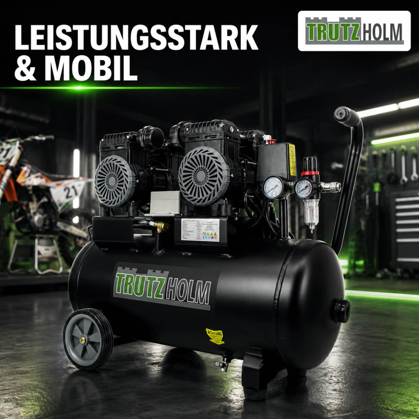 TRUTZHOLM Flüsterkompressor 50L ölfrei | 57 dB(A) Silent Kompressor für Werkstatt & Garage | 1800 W Brushless 2x900W, 8 bar, 290 l/min | wartungsfreier Druckluftkompressor