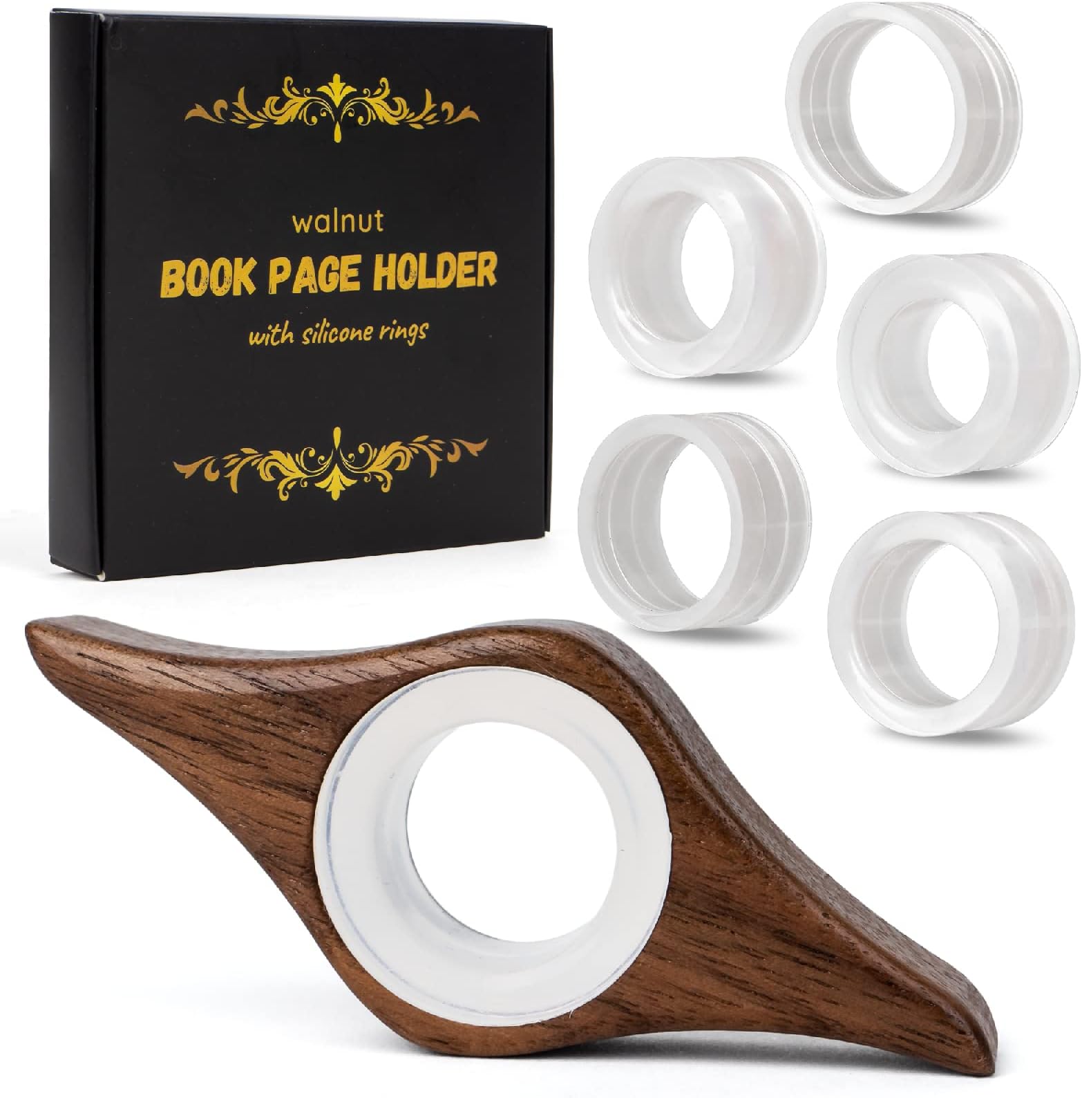 Book Page Holder Keep Book Open Wooden Walnut Thumb Reader 5 Silicone Rings Reading Lovers Accessories Handmade Gifts Women Spreader Bookmark