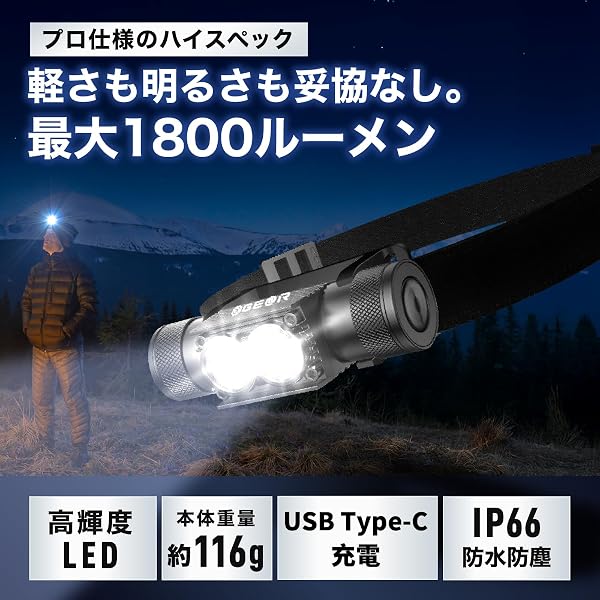 (ギアトル) ヘッドライト 3350mAh 軽いのにパワフル 最大1800LM USB充電式 高輝度 LED 防水防塵 夜釣り 最適 登山 キャンプ 散歩 作業 釣り アウトドア 災害 停電用 小型 - 2