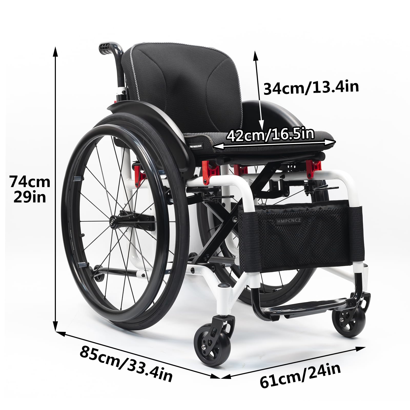 Silla de Ruedas Deportivas de aleación de Aluminio Ligera, Silla de Ruedas de Transporte Plegable Ligera, Silla Manual autopropulsada con Anti-basculante, con Frenos de Mano (42cm/16.5in)