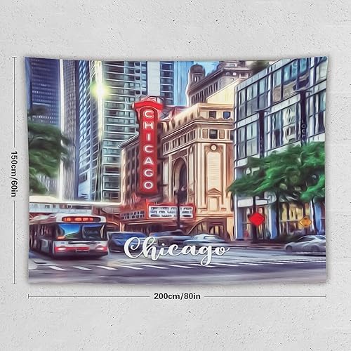 Miniatura 2 de Rimego Tapiz de Chicago para pared, paisaje de ciudad, póster para sala de estar, dormitorio, decoración de interiores, 60 x 80 pulgadas, decoración