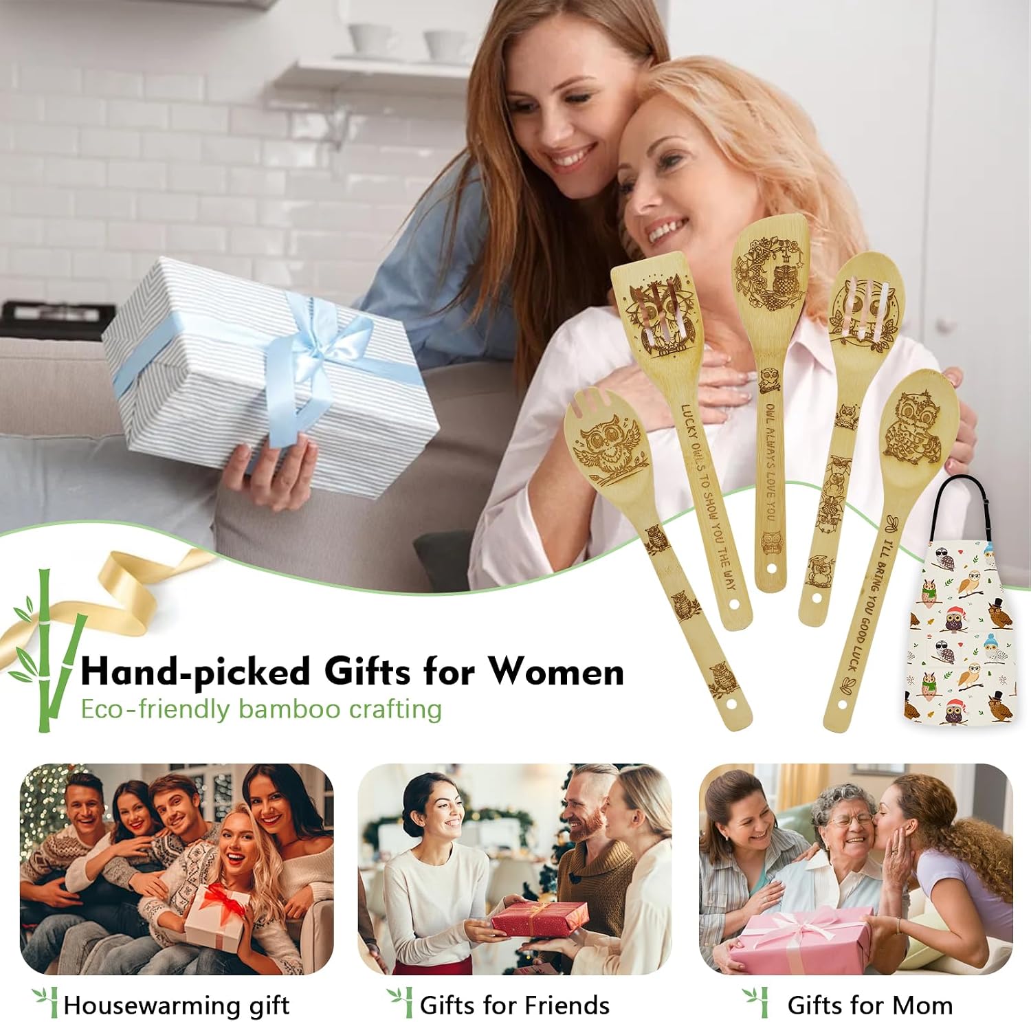 Owl Gifts for Women Kitchen Utensils Set - Bamboo Cooking Spoons Apron